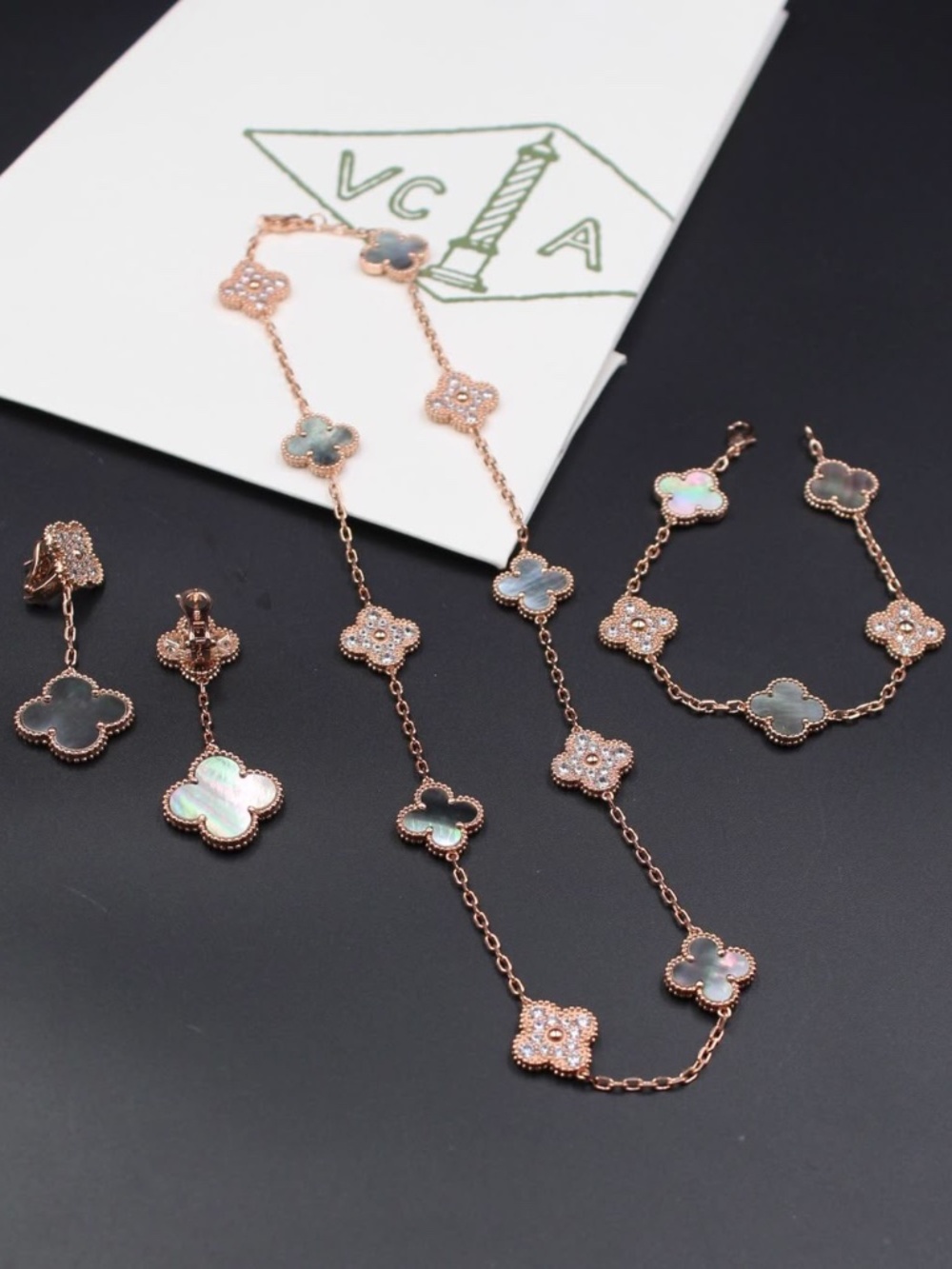VAN Cleef Vintage Black MOP Clover Necklace & Bracelet Set Rose Gold